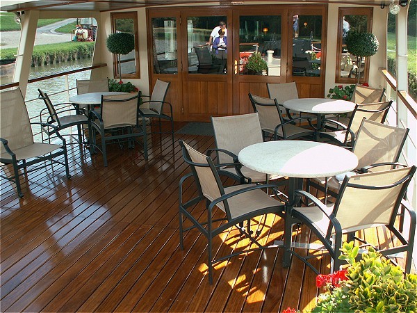 The spacious canopied sundeck aboard the Adrienne