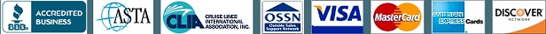 Accredited, Better Business Bureau.  Member, ASTA-American Society of Travel Agents, CLIA-Cruise Lines International Association, OSSN-Outside Sales Support Network, Visa, MasterCard, American Express and Discover Cards Welcome