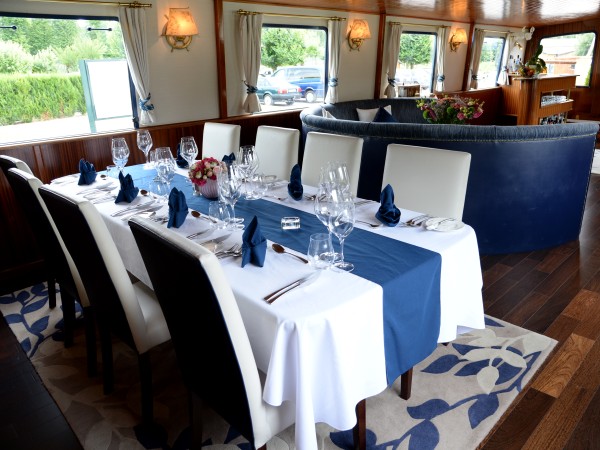 Dining table set for your elegant dinner every
evening aboard La Belle Epoque