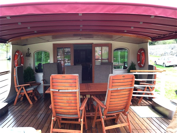 The canopied sundeck with comfortable seating aboard the
Prosperite