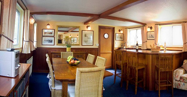 Salon aboard Saint Louis, view toward the galley.