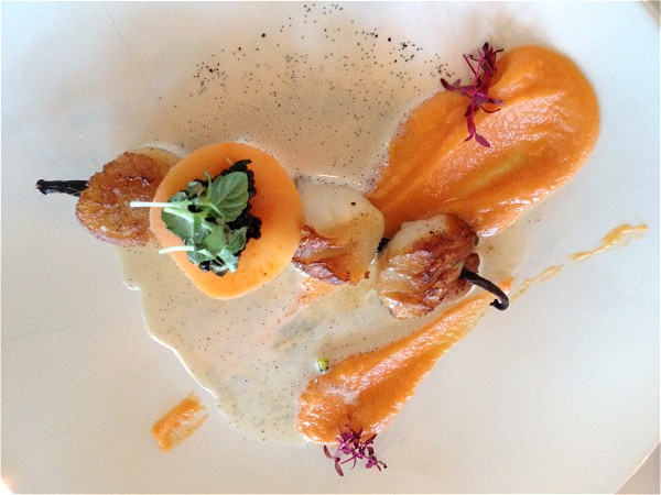 Exquisite cuisine is prepared for you daily by
your own personal chef. <br>Shown above is a starter of pan seared scallops with
sweet potato puree & vanilla foam
