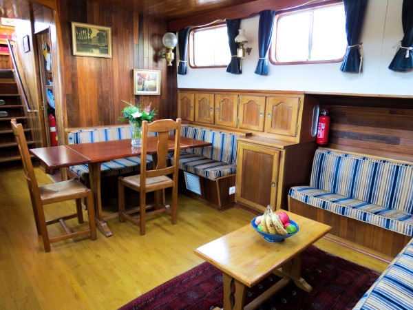 The lower salon and dining area aboard the
Nymphea